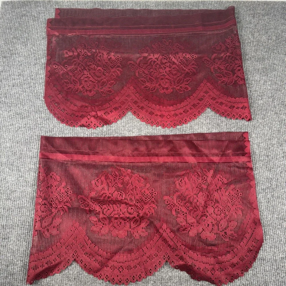 VTG 3 Burgundy Floral Lace Window Valances Scalloped Victorian Cottagecore 58x17